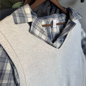 Full Tilt TWO-PIECE Blue Plaid Shirt with White Sweater Vest